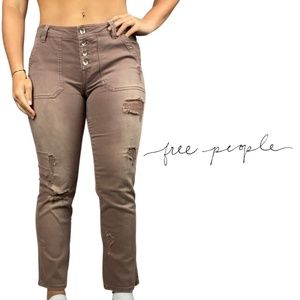 FREE People Button Fly Front Womens Brown Distressed Jeans Pants - Size 8